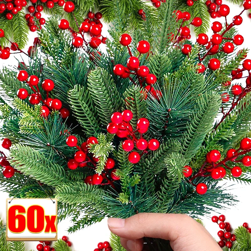 32/60ks umelé borovicové ihly falošné červené bobuľové stonky vetvy zelene borovica Picks Vianoce červené holly bobule DIY kvapky stromov