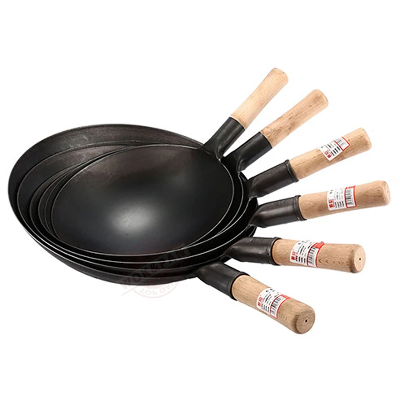 32 cm uhlíková oceľ Wok, drevená rukoväť nepotiahnutá varenie woks, okrúhly kuchynský riad pre plynové kachle