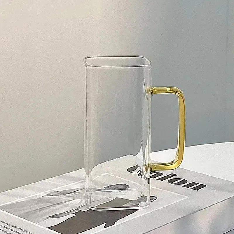 320 ml/375 ml vysoký borosilikátový sklenený šálka s rukoväťou domáci hrnček Jednoduchý štvorcový sklenený pohár Priehľadné pitie ľahké pivo poháre