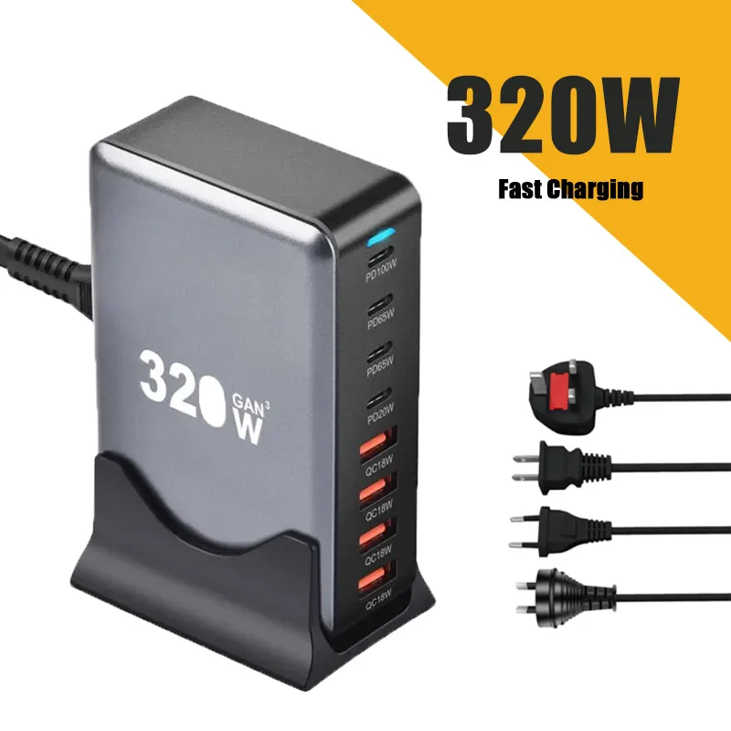 320 W Desktop Gan Charger USB 3.0 Typ C 8-Port PD nabíjačka Rýchly poplatok za smartfón Universal Mobile Multi-Port USB nabíjačka
