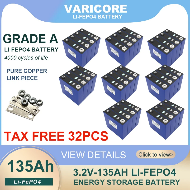 32ks 3,2V 135AH LIFEPO4 Nabíjateľná batéria lítium fosforečnanom DIY 12V 24V Inverter