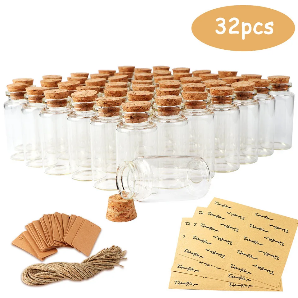 32ks malé sklenené fľaše s korkovými viečkami 40 ml mini pohárov sklenené liekovky s drevenými zákrokmi a konopnými látkami pre svadby pre domácich majstrov