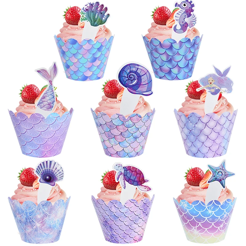 32ks/set Mermaid Party Cupcake Toppers Ocean Muffin Cake Obal pre dievčatá pod morským birhtday párty torty dekorácie náradie