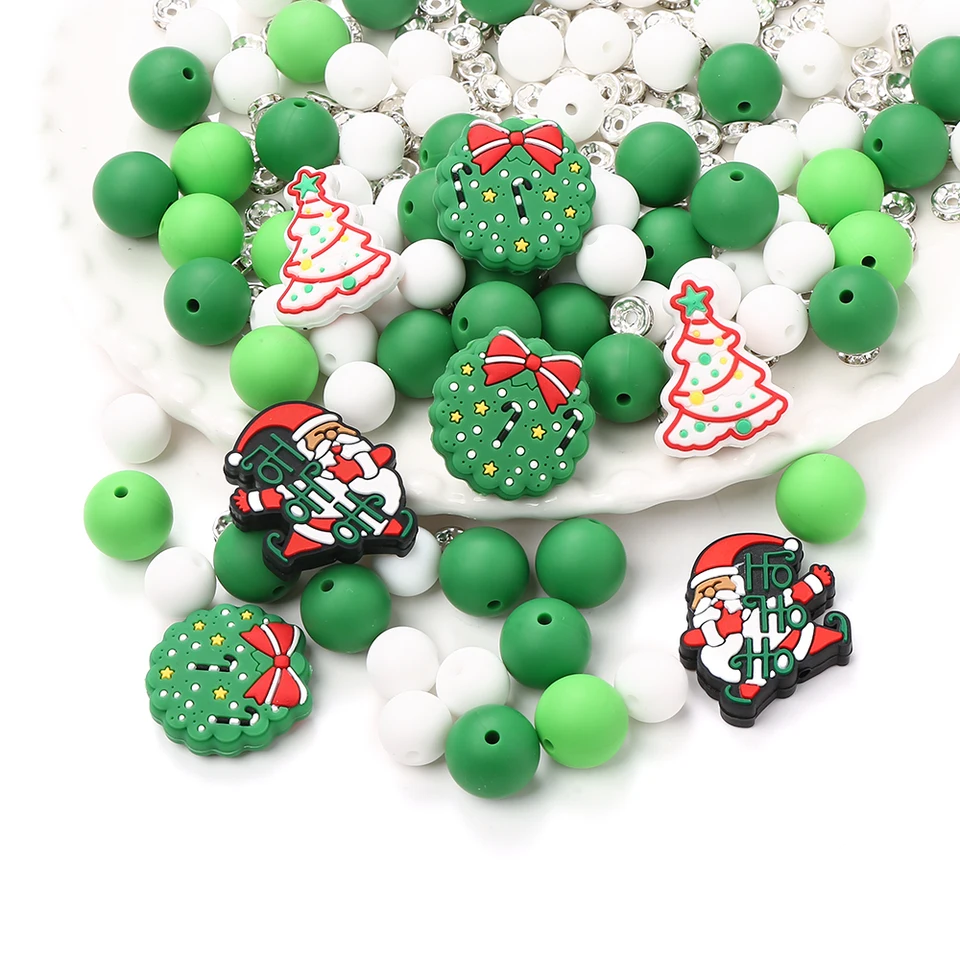 32ksová kombinovaná súprava zelených silikónových guľôčok vhodná pre domácich majstrov vianočné detské vianočné klipy Clips Teether Chew Toy