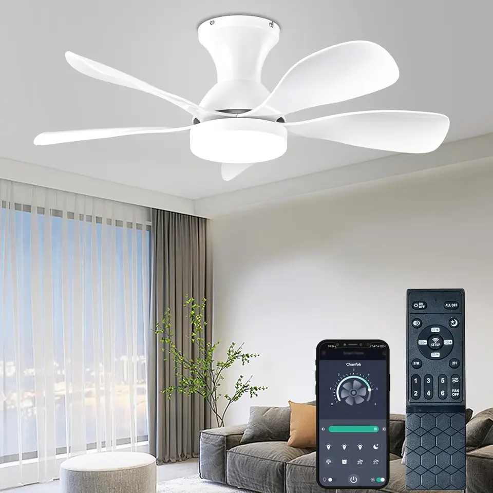33 palcov s nízkym profilom Stropné ventilátory so svetlami a diaľkovým ovládaním/ovládaním aplikácií, biely moderný stropný ventilátor s 5 reverzibilnými čepeľami