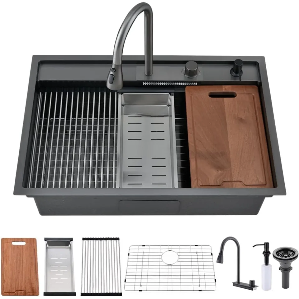 33 palcová čierna kvapka vo vodopádovom kuchynskom umývadle 33x19 Drop in Kitchen Wink s pracovnou stanicou Facuet 16 Miera jednej misky
