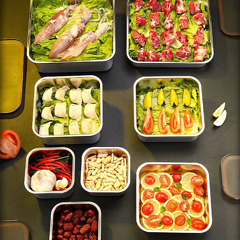 350-900 ml z nehrdzavejúcej ocele Container Fridge Fresh Conser Box s utesnenou obednou prípravnou úložiskom Kuchyňa okrúhla štvorcová misa
