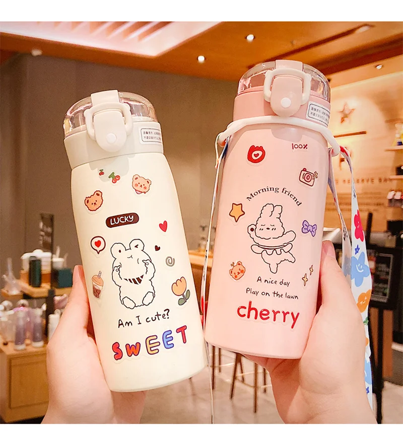 350 ml/500 ml roztomilý fľaša na fľašu s vodou Thermos Cup prenosný kawaii termos fľaša so slamou a nálepkami Kid