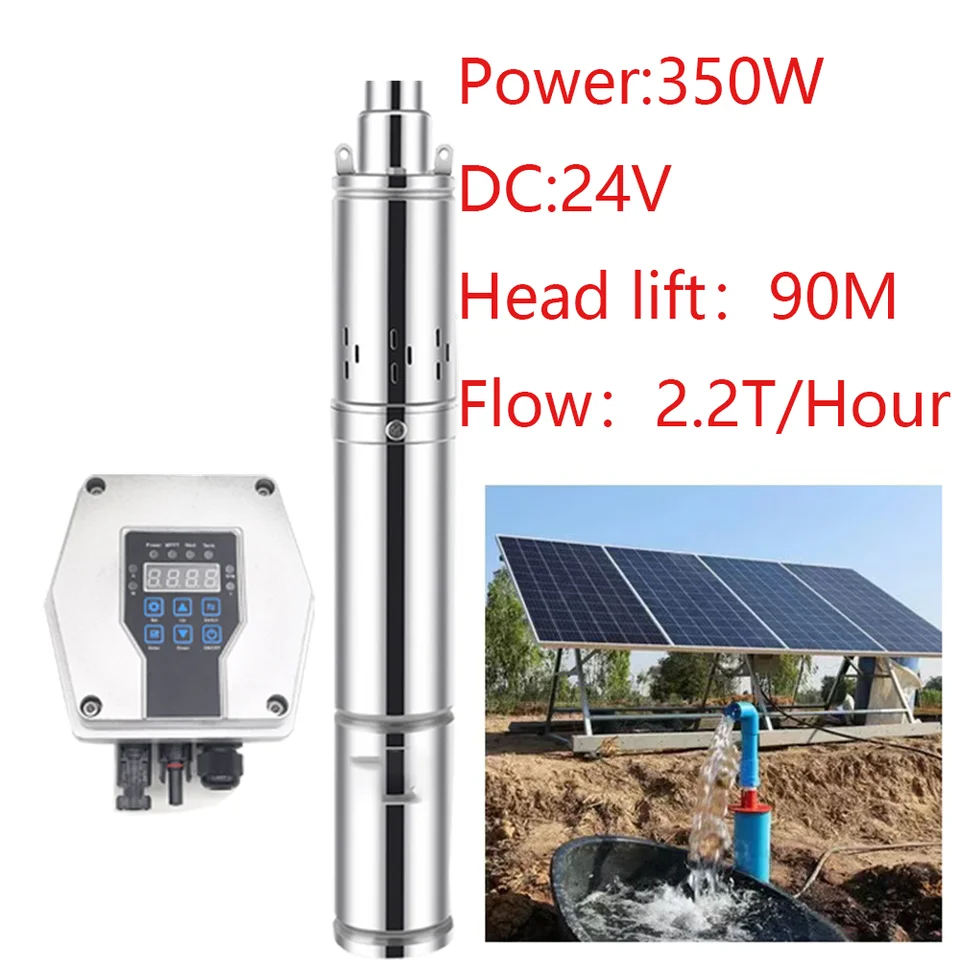 350 W DC24V Solar Deep Well ponorné čerpadlo s rýchlosťou regulátora MPPT 2,2 m³/hodinu mriežky so solárnym kefovým čerpadlom bez kefy