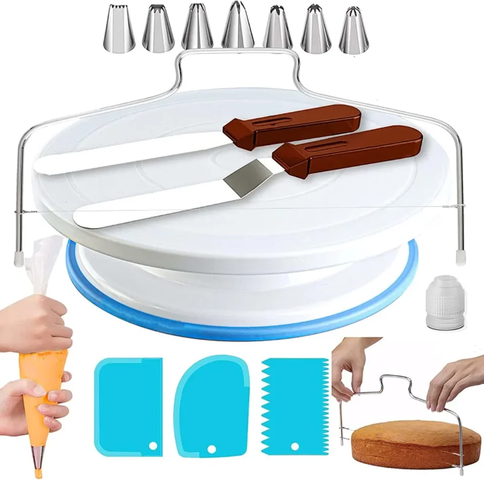 35ks Cake Cake Plate Rotujúci stojan Dekorácie Sada 360 stupňov Rotácia proti šikanovaniu sladkostí špachtle so škrabkou na pečenie koláčov