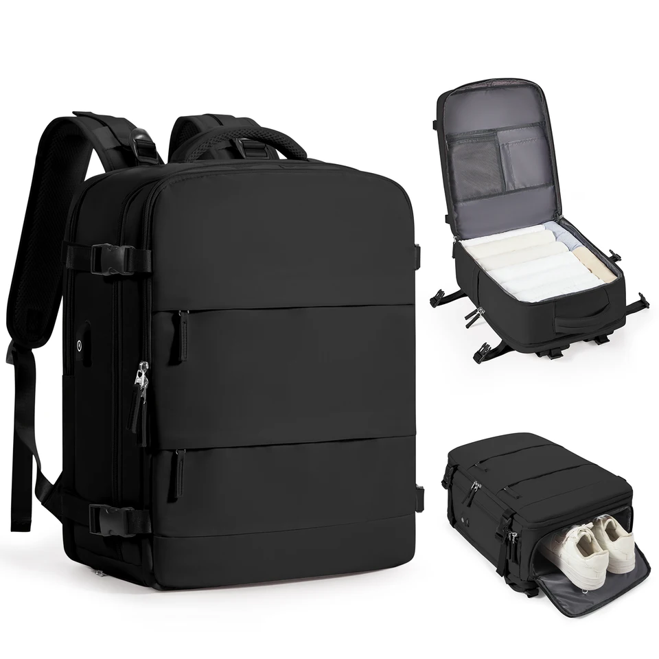 35L Cestovné batohy, rozšíriteľný batoh pre lietadlá, vodotesný 15-palcový batoh laptopu pre mužov a ženy ， čierna.