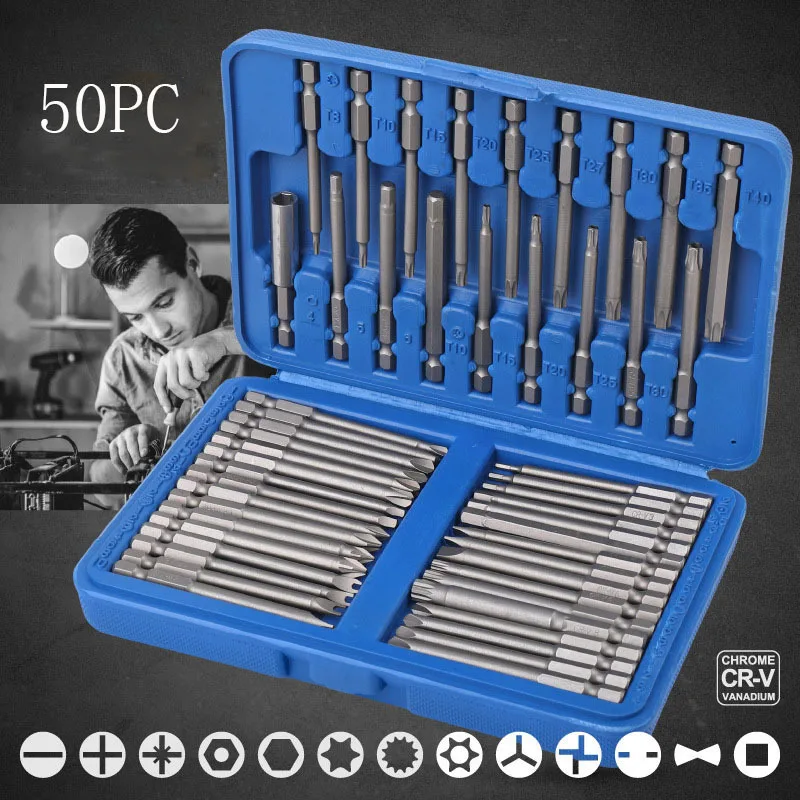 36/50ks magnetický skrutkovač bit bit - extra dlhé 75 mm bezpečnostné bity pre skrutkovače H1/4 - Torx, Star, Hex & Spline Bits
