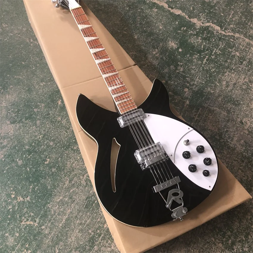 360 Black 12 String Electric Guitar, Biela ochranná doska, fixný mini most, veľkoobchod a maloobchod