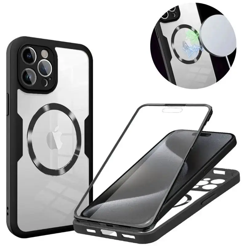 360 Celotelové chránič obrazovky Transparentné puzdro pre iPhone 15 14 13 12 11 Pro Max Magsafe Magnetic Ring Cover Cover Coque Fundas