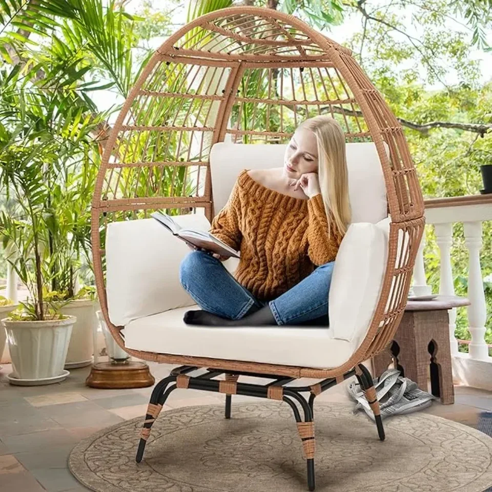 360 otočných kresiel Rattan Egg pre dospelých, vonkajšie terasy Rattan kreslo s prevodnené vankúšiky, prírodné ratan s vankúšom