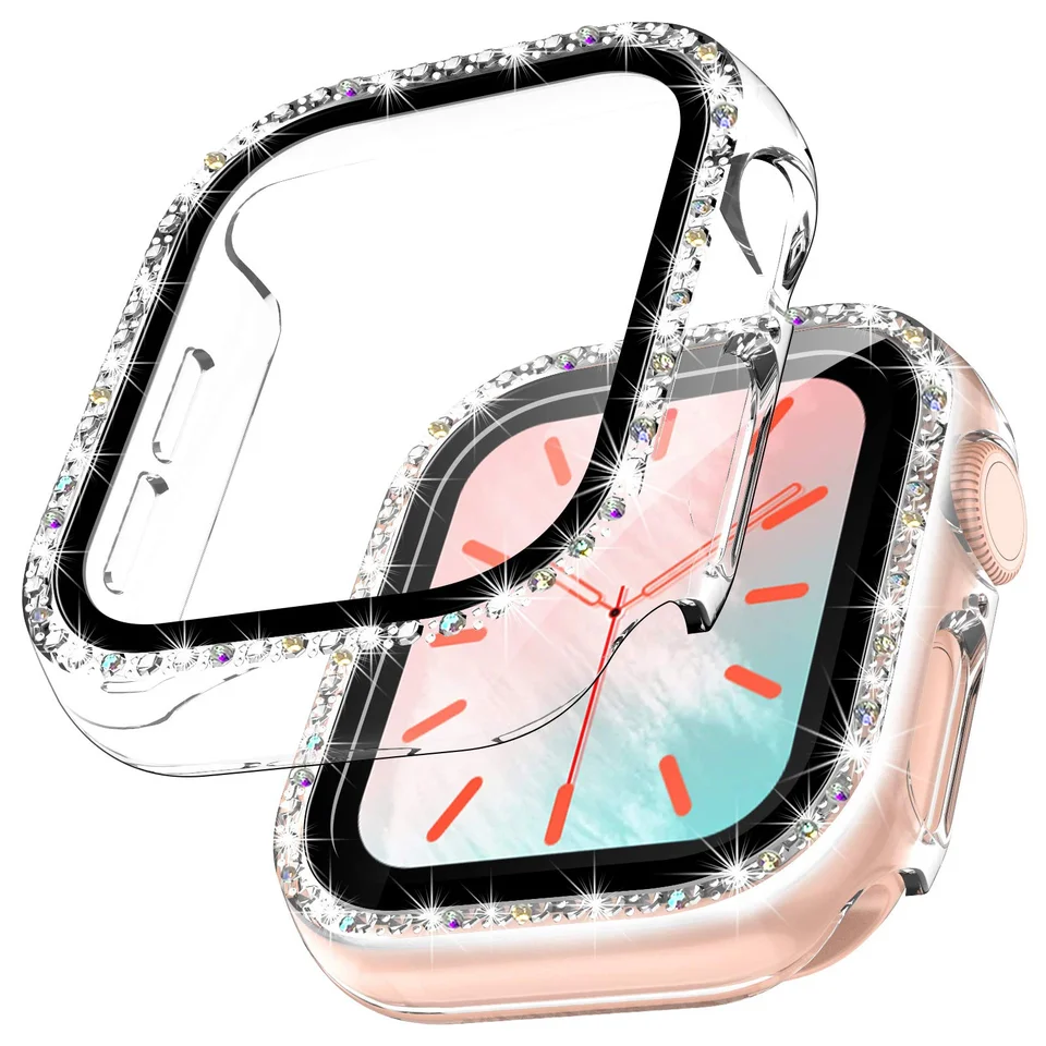360 Puzdro chrániča celej obrazovky pre Apple Watch 7/6/SE/5/4/3/2/1 Diamond Temperovaný sklenený film pre IWATTH 41 mm 45 mm 40 mm 44 mm