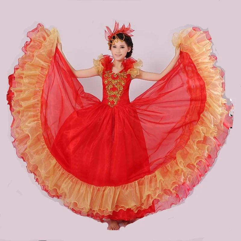 360 stupňov javiskové predstavenie Španielske býčie brušné tanečné šaty pre ženy dlhé rúcho flamenco fille Red Falda flamenco šaty