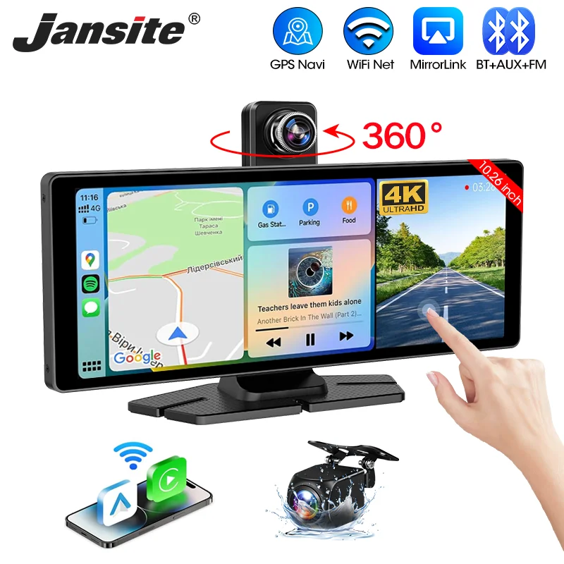 360 ° otočná 4K Dash Cam, CarPlay Screen pre auto, 10,26 