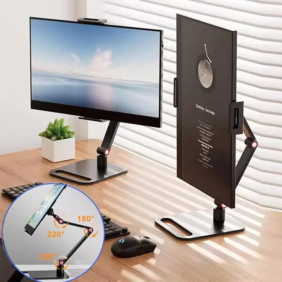 360 ° Rotatovateľný prenosný držiak na prenosný monitor Nastaviteľný výškový výškový držiak na obrazovku Ergonomic zliatiny Monitor