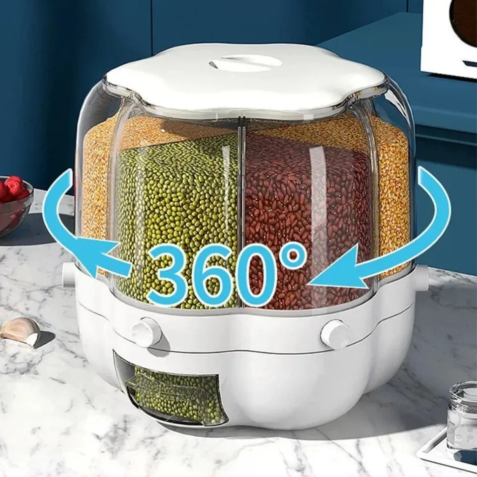 360 ° Rotačné zrná skladovacie skrinky Kuchyňa Oddelená utesnená obilná nádoba Zrná dávka potravinovej nádoby Storage