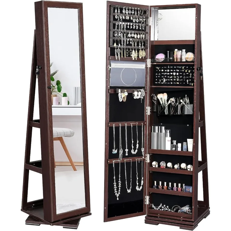 360 ° Rotačné šperky armoire, uzamykateľná skrinka na šperky s zrkadlom v plnej dĺžke, veľké postavenie podlahy