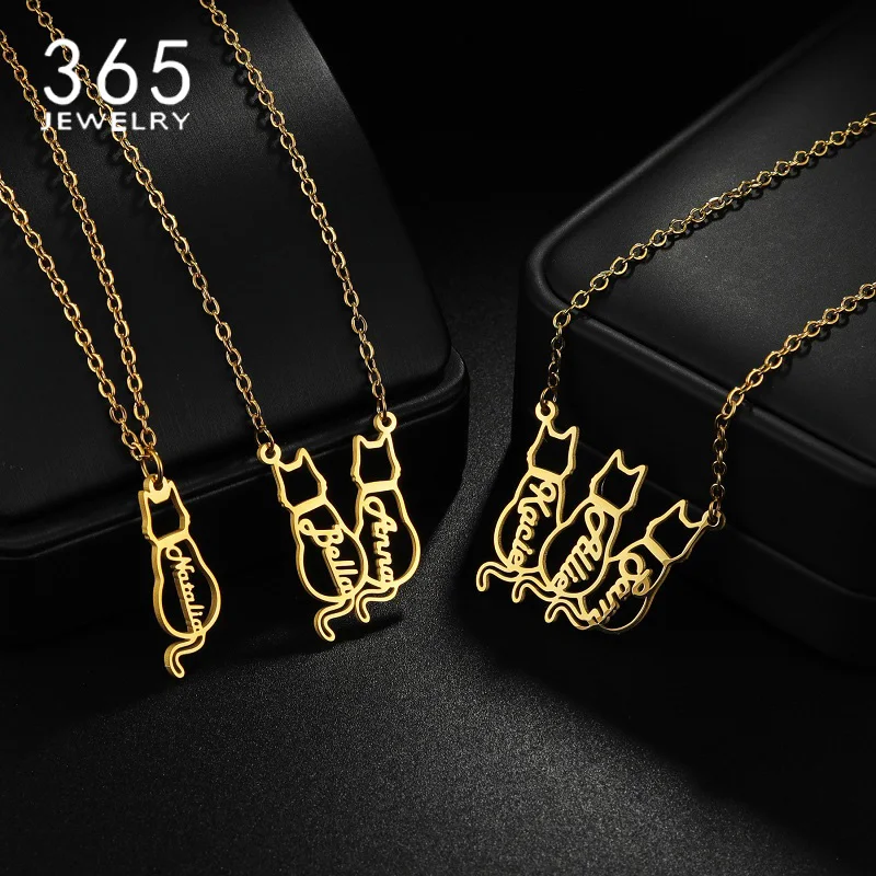 365 Vlastné meno roztomilý tvar mačky Náhrdelník Nerezová oceľ Prispôsobený štítok pre dievčatá Boy Birthday Darček Krásne šperky Choker
