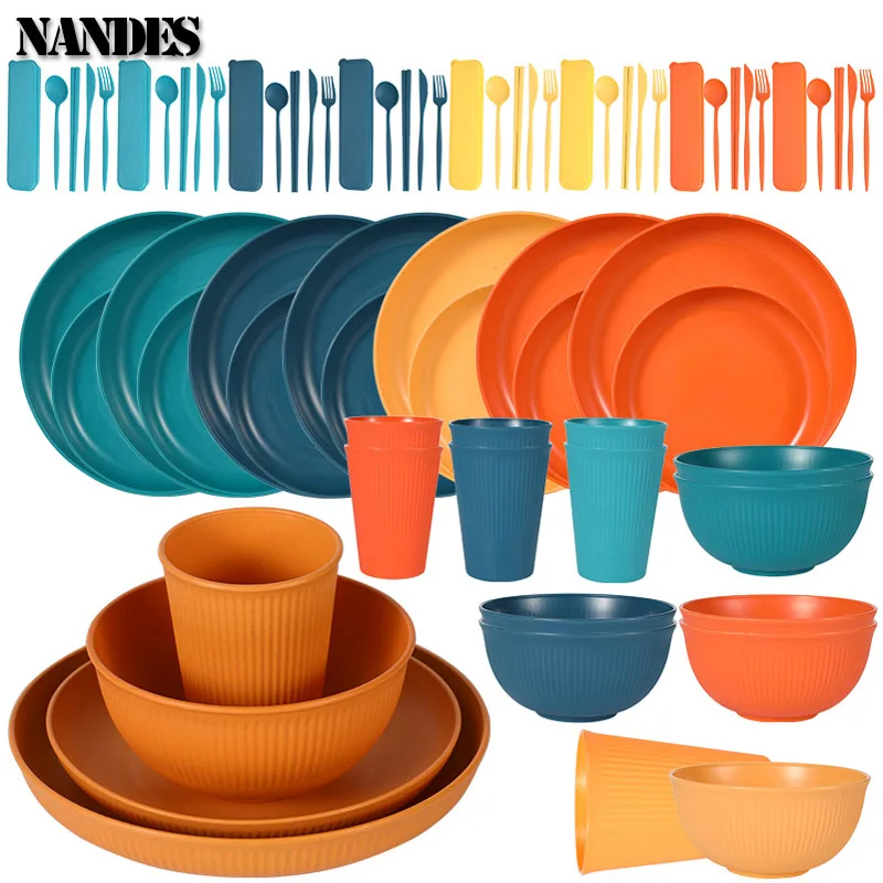36ksové sady dosiek s pšenicou slama Ekologicky priateľské k miske Ramen MODE DEVELWARE DINNE SET CAMPING SET SET