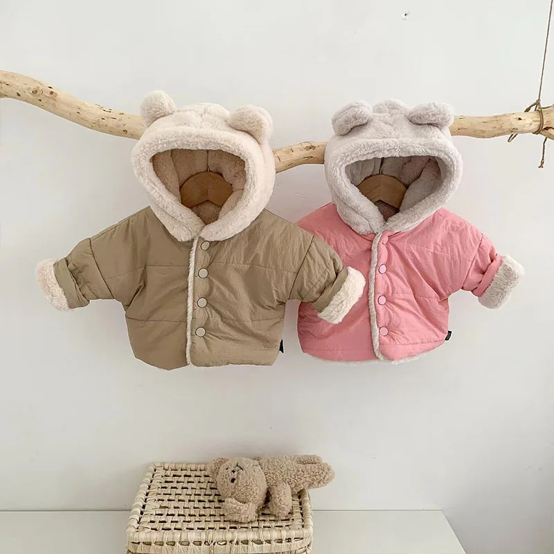 3729d Ins Kórejský detský kabát neutrálna zahustená tuhá farebná kabát 2022 Zima teplá kapucňa chlapca sako Girl's Casual Bear Coat