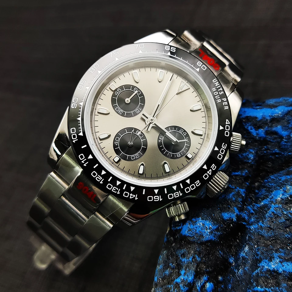 39 mm šedá šesťpinová pánsky kremenný hodinky hodinky VK63 Hnutie Sapphire Luminous Chronograph Running Second Men's Quartz Catch Strap
