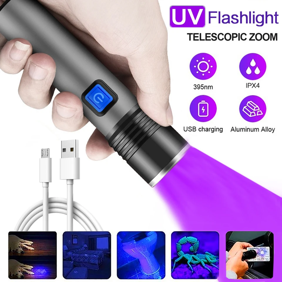 395nm UV baterka Blacklight Zoomable USB Nabíjateľné UV svetlo ultrafialová baterka pre vytvrdzovanie živice detektor moču PET moč