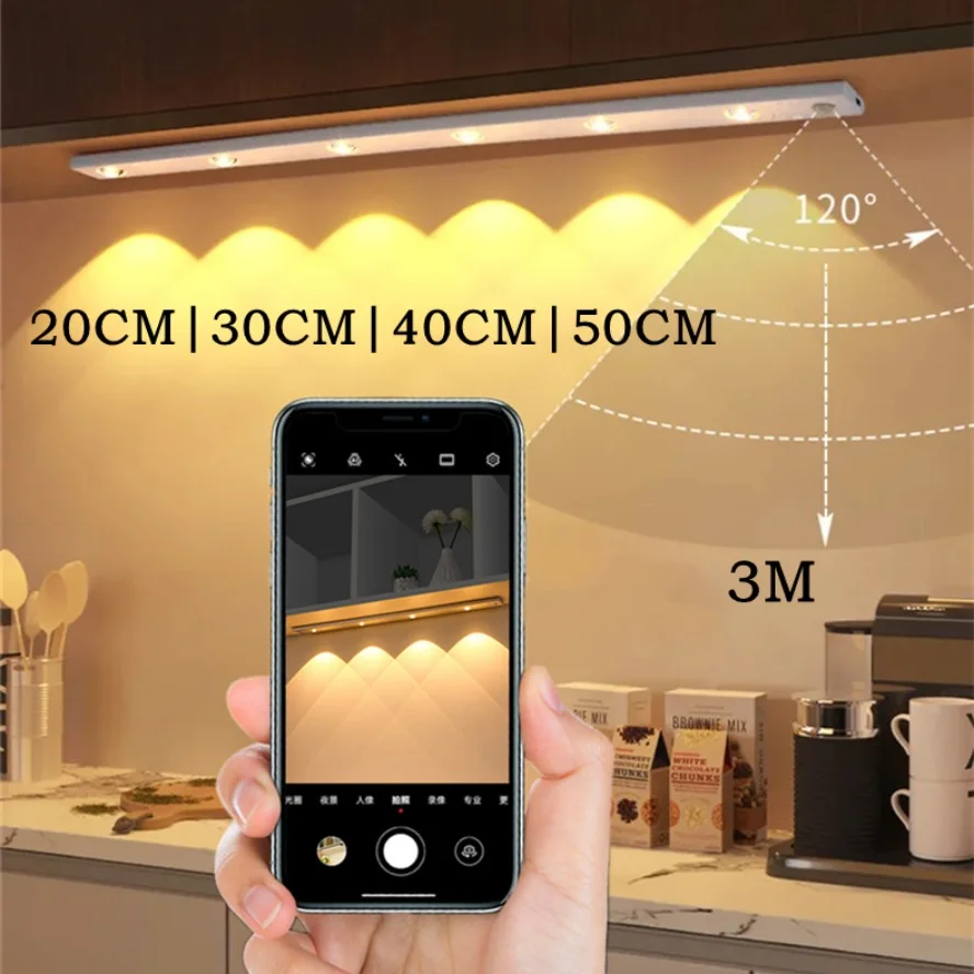3Color Stlmovateľný snímač pohybu LED nočné svetlo USB nabíjateľnú lampu pre osvetlenie skrinky v šatníku v kuchyni 20 cm/30 cm/40 cm LED diódy