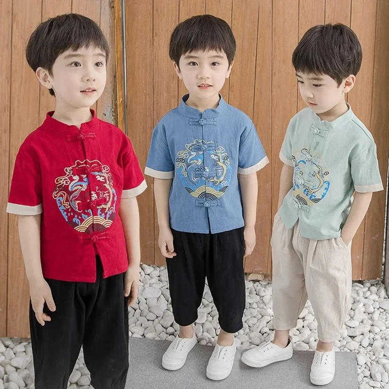 3Colors Chinese Boys Coutumes Sety Tradičné oblečenie Tang Suit detské bavlnené vrcholy srsť s krátkym rukávom