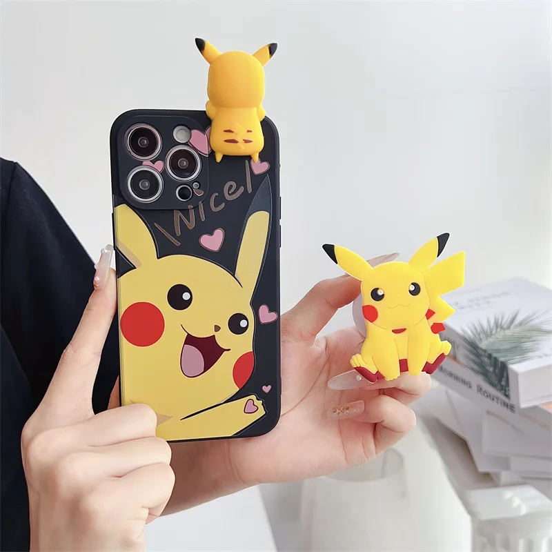 3D anime roztomilý pokémon Pikachu stojan proti pádu telefónu pre iPhone 13 14 15 12 11 Pro Max Y2K remienok remienok Krásny puzdro