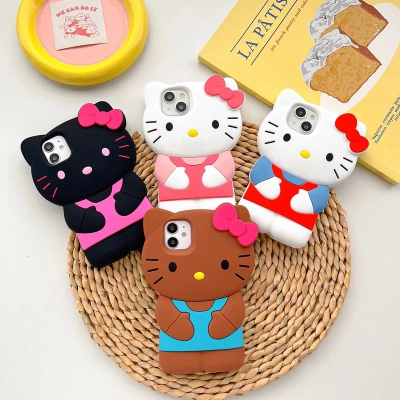 3D Cartoon Hello Kitty Bow puzdro pre iPhone 12 13 Mini 14 15 Pro Max 11 xr xs Max 6 7 8 Plus SE KT Cat Soft Silicone Cover