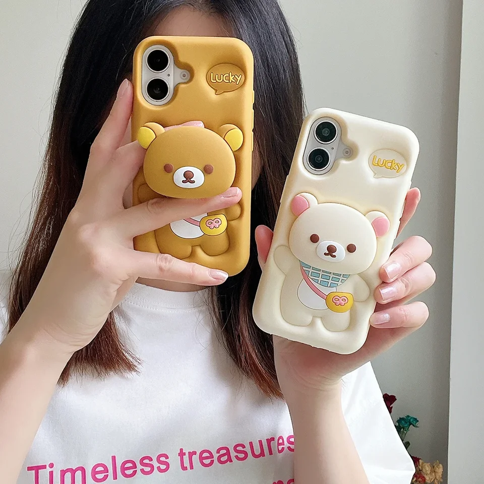 3D Cartoon Kawaii Rilakkumas Bear s držiakom telefónom pre iPhone 16 15 14 13 12 11 Pro Max