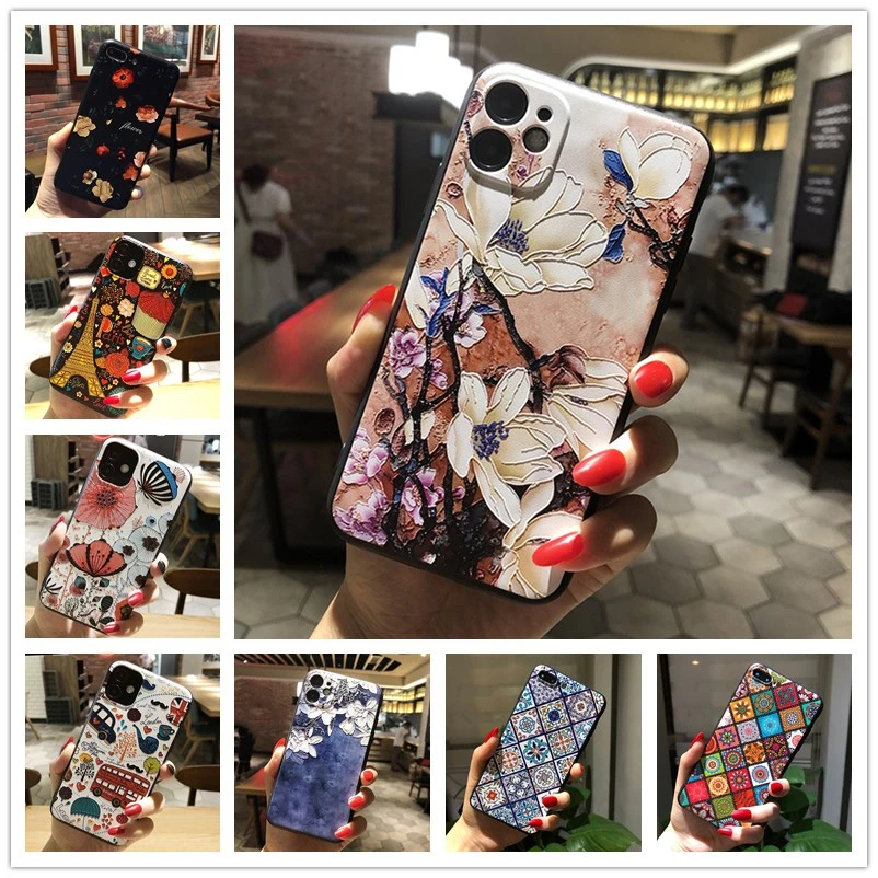 3D Emboss Floral Silikone Puzdet pre LG V30 / V30 Plus K22 Q60 TPU Relife Back Cover pre LG V50S ThinQ / G8X Thinq Coque