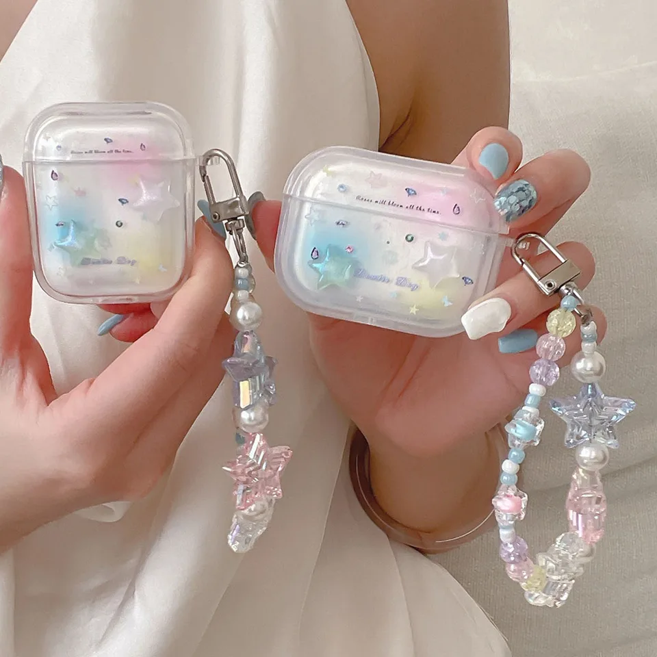 3D hviezda farebné puzdro pre AirPods 4 1 2 Ochranné puzdrá pre slúchadlá pre vzduchové struky Pro 2. tretí generácia s náramkom perlových hviezd