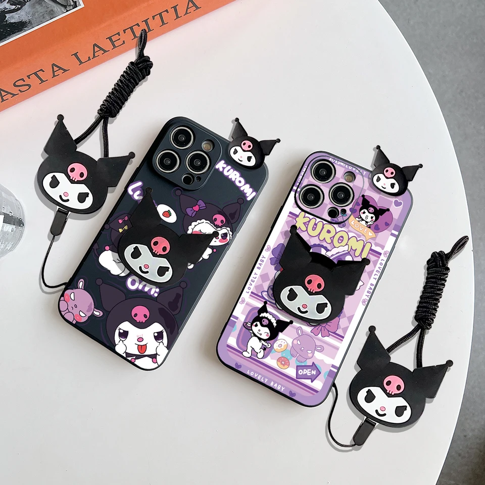 3D karikatúra Kuromi Držiteľ telefónu Stánok pre huawei y9a y9s y9 Prime 2019 2018 Nova 7i 8i 8 9 SE Pro Psmart Z s popruhovým krytom