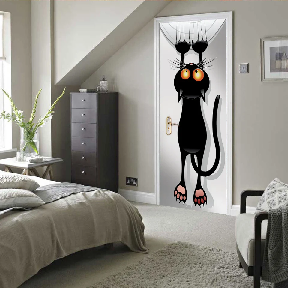 3d kreatívna karikatúra čierne nálepky na dvere mačacích nálepiek na stenu self-spadne vodotesné odnímateľné odnímateľné odnímateľné