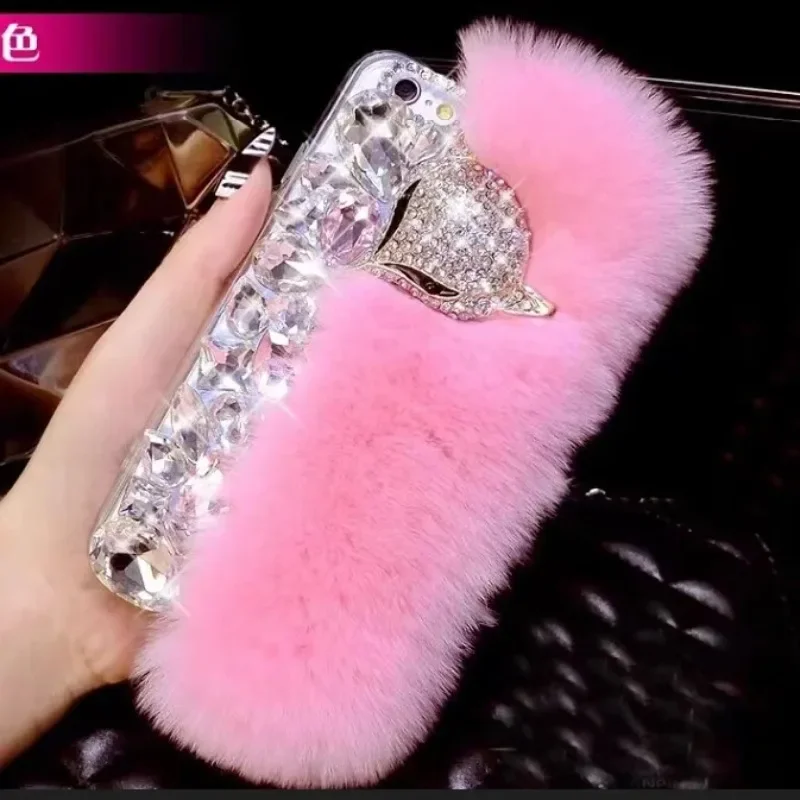 3D krištáľové ručne vyrobené diamantové puzdro, teplé králičie kožušinové vlasy, puzdro pre iPhone 16pro x, xr, xs, 11, 12, 13, 14, 15 plus Pro Max, mini, mini