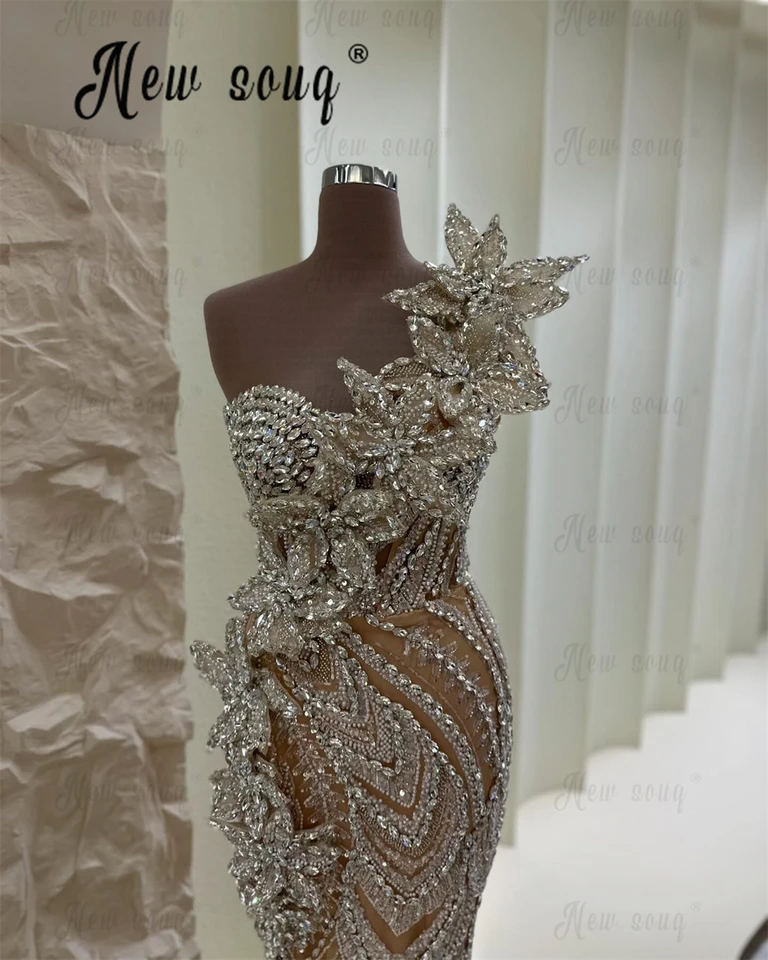 3D kryštály Leaf Appliques ramená párty šaty trblietky Mermaid Večerné šaty luxusné celebrity šaty na svadobné rúcho de mariée