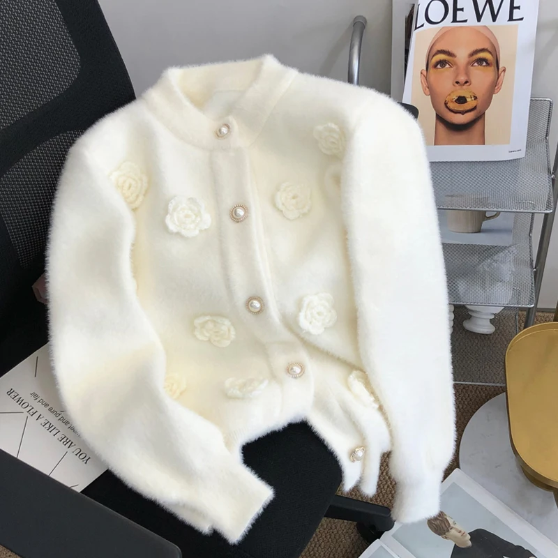 3D kvetinové pletené svetové ženy Harajuku orezané biele sveter Vonkajšie oblečenie Kórejské čierne čierne rukávy pletene zimné skoky nové