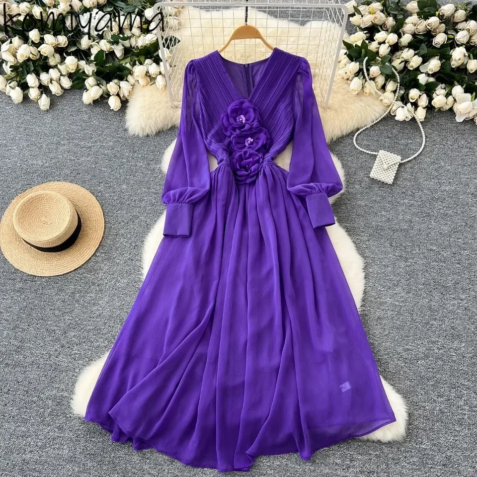 3D kvetinové ženy 2025 Vestidos šaty V-krk lampa s dlhým rukávom Šaty s vysokým pásom veľké hojdačky Vestido femininos elegantné oblečenie