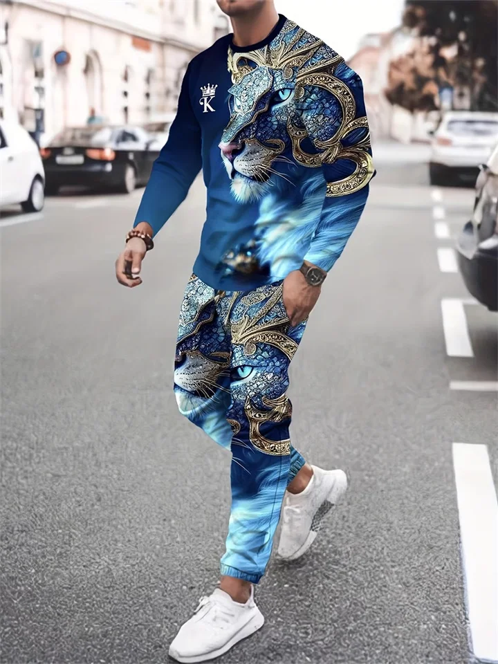 3D Lion Print Men's Sets Pánske každodenné príležitostné tričko s dlhým rukávom a pouličné módne nohavice na jar a jesennú dvojdielnu súpravu