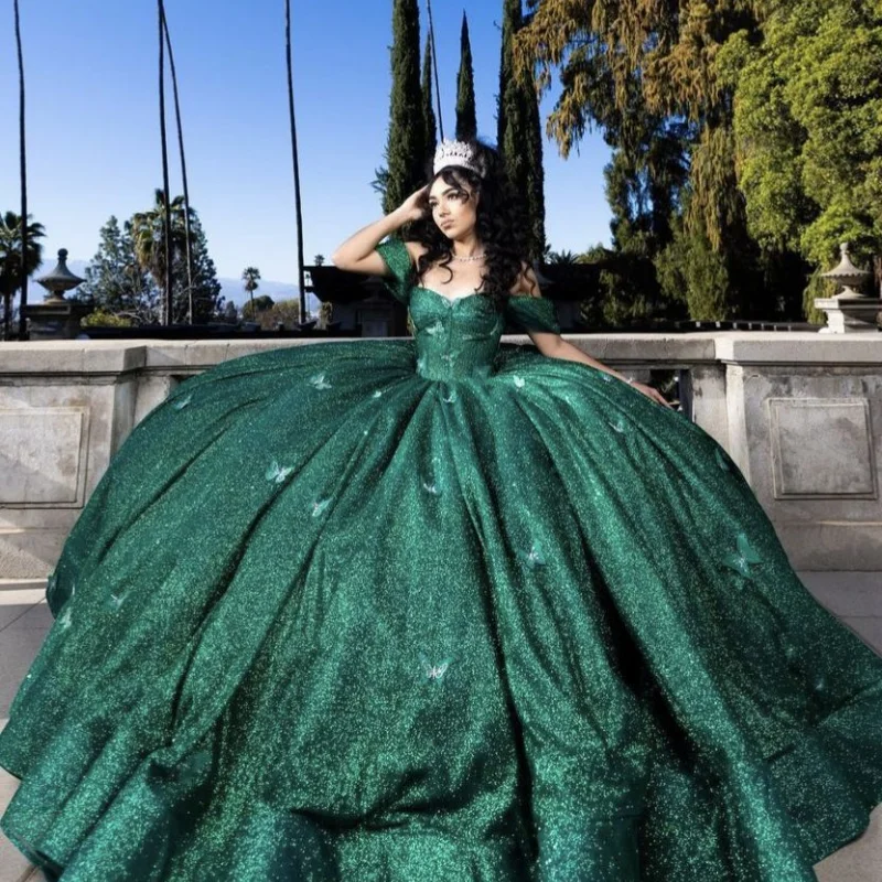 3D motýle Emerald zelená princezná quincean šaty z ramena zlatíčko guľôčkové šaty Vestidos baratos con envío gratis