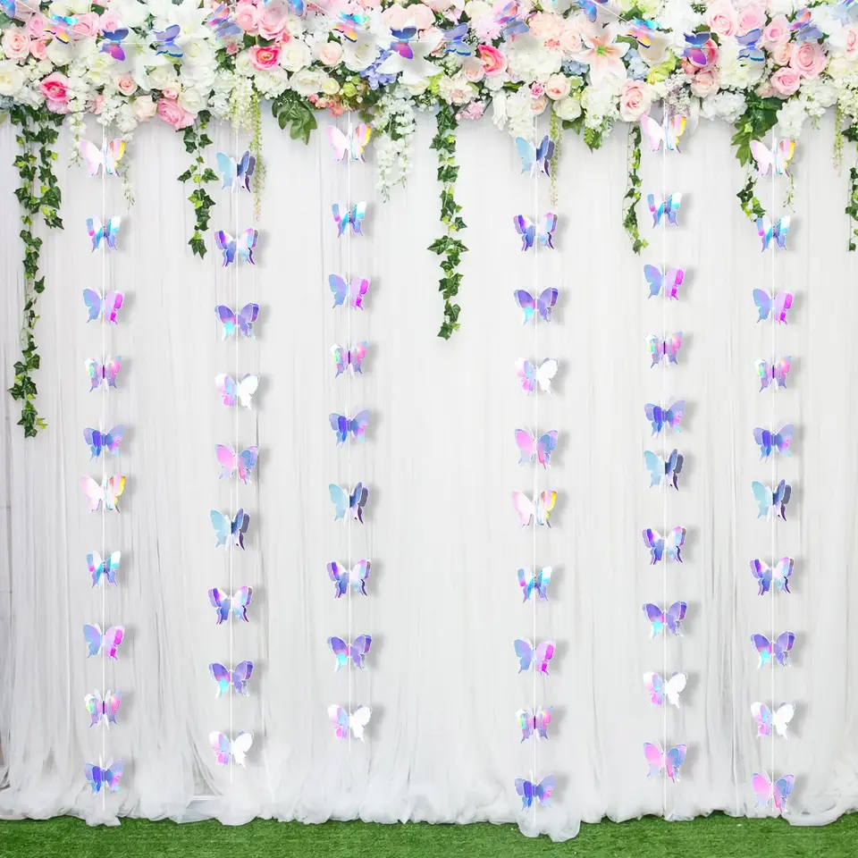 3D motýľ visiaci girlandy Butterfly laserový papier Party Streamers Dekorácie pre svadobnú domácu párty narodeninové dekorácie
