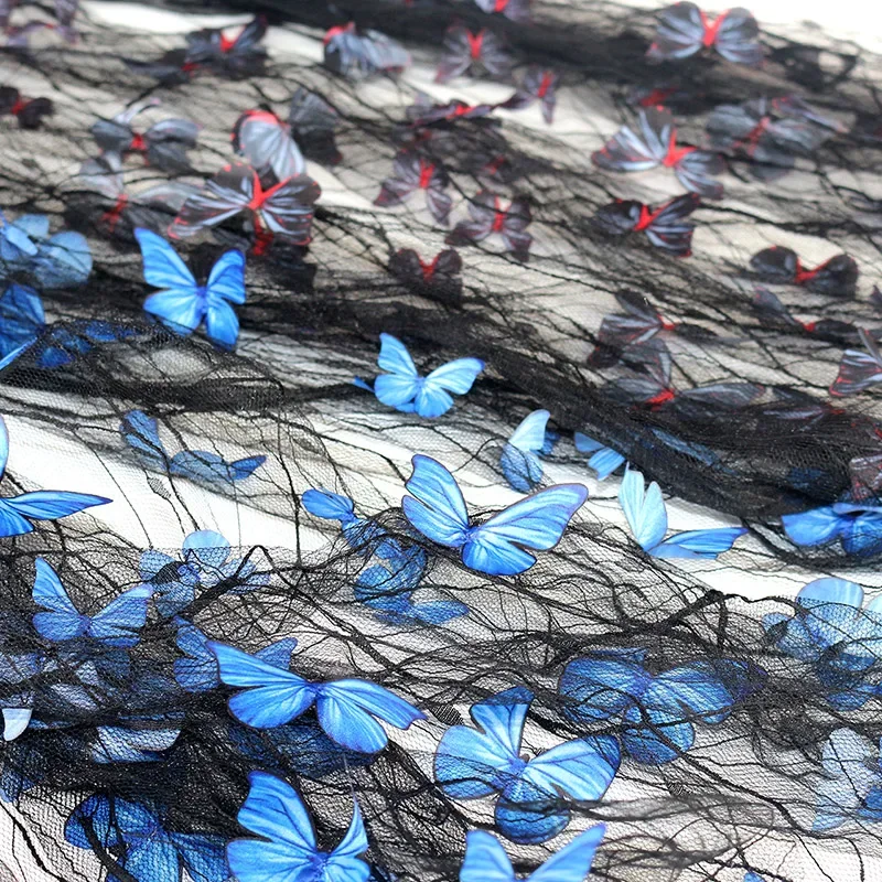 3D motýľová vyšívacia čipka Lace Blue Butterfly Mäkký tyl pre dievčenské šaty, plesové šaty, nevesty, večerné šaty, letné šaty
