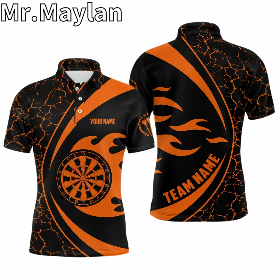 3D personalizované meno Orange Fire Flame Darts Mens Športové pólové košele Darts Tirts pre mužov Darts Team Jersey Darček pre šípky milovníkov