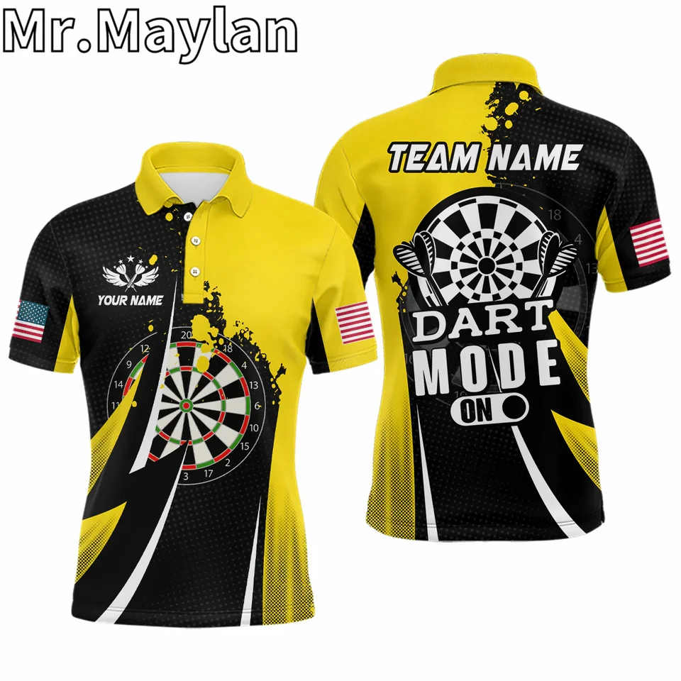 3D personalizovaný žltý režim Dart na mužoch Športové pólové tričko Vlastné šípky Jersey Team Outfits Darčeky pre milovníkov šípok