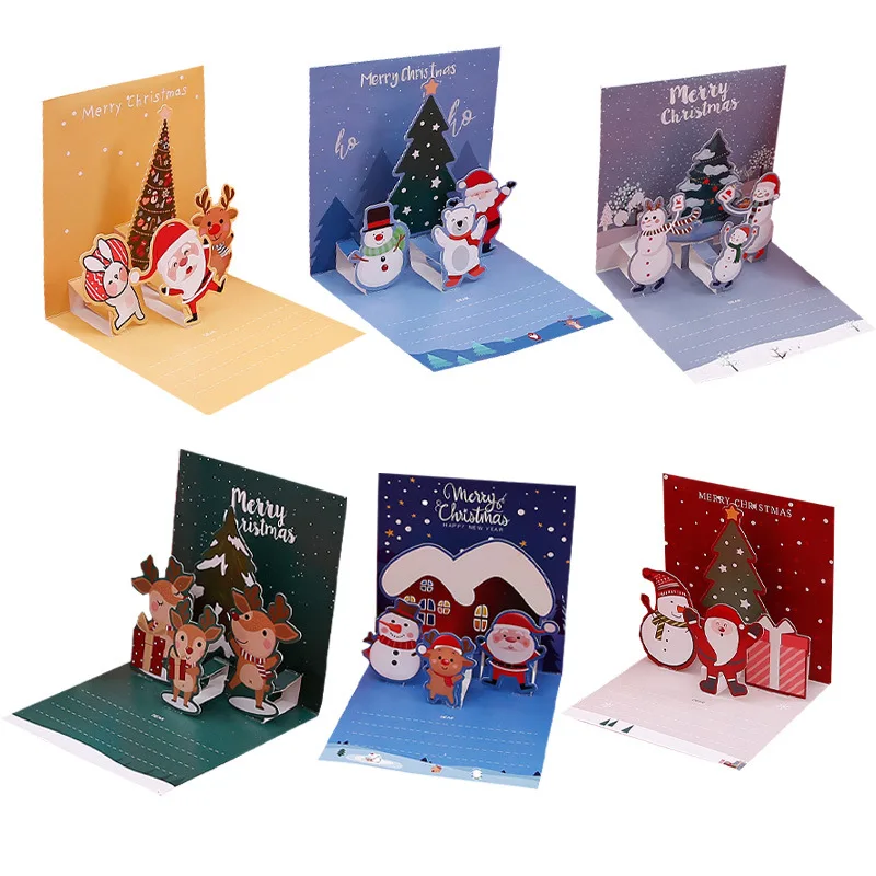 3D Pop -up Cartoon Christmas Card Veselé vianočné pohľadnice Ručne písané požehnané pozvánky Deň vďakyvzdania Nový rok darčeky